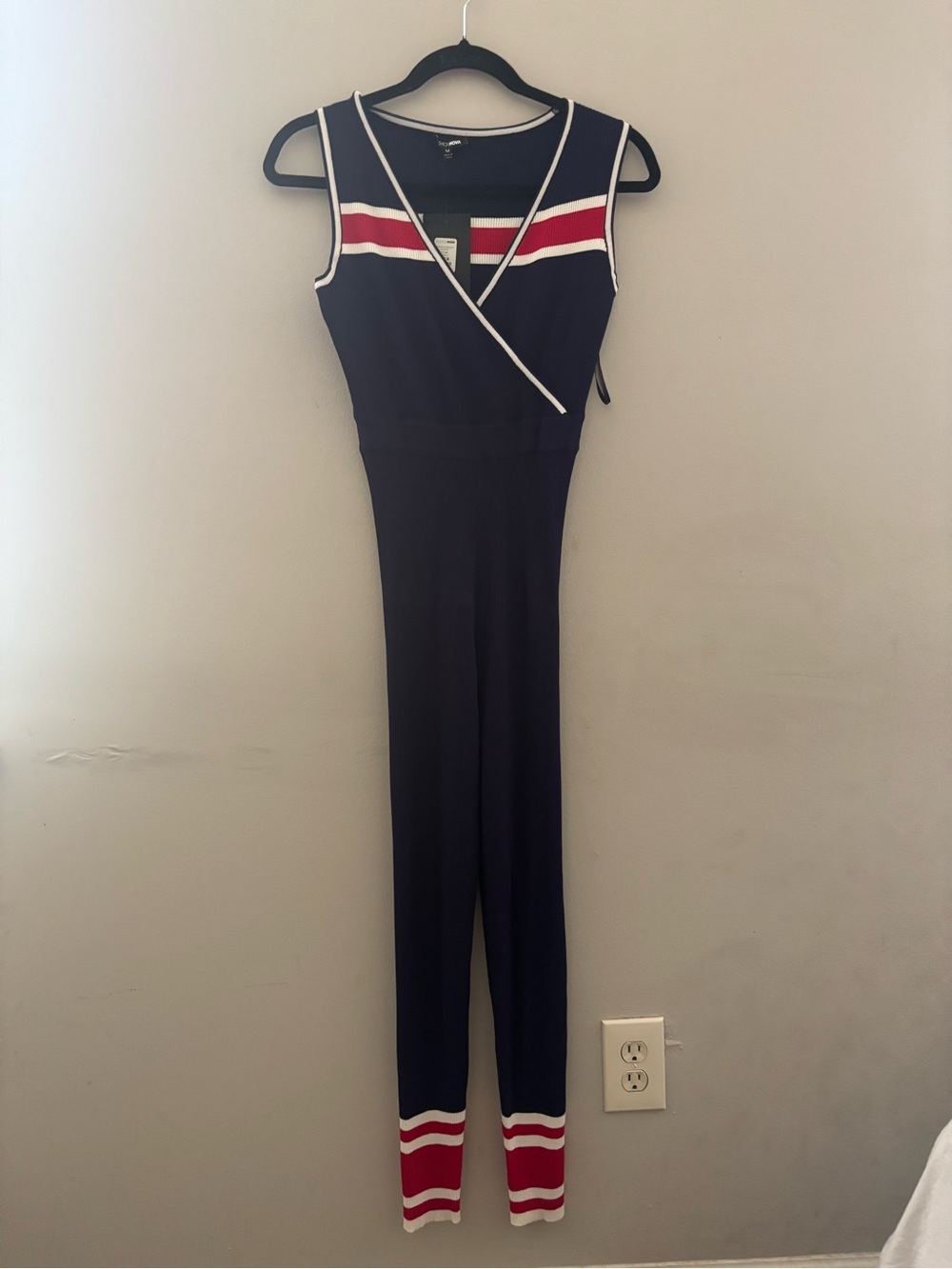 Fashion Nova Navy Jumpsuit with Red & White Trim Size M